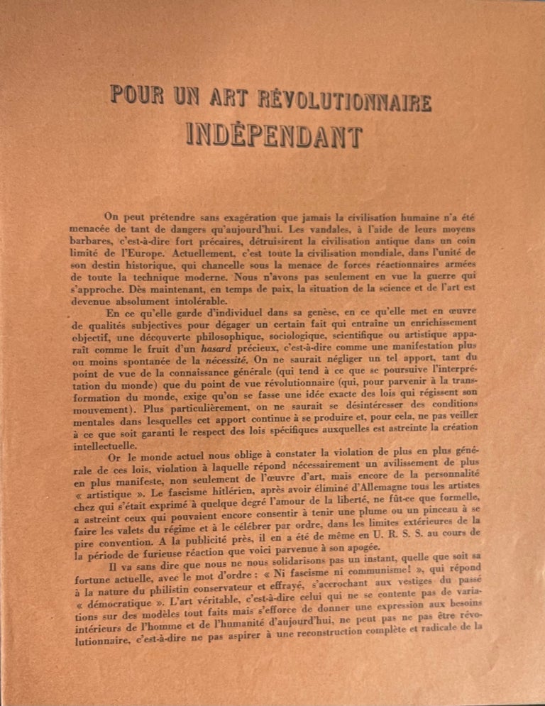 Item #94853 POUR UN ART RÉVOLUTIONNAIRE INDEPENDENT.; Bifolium. André Breton, Diego Rivera.